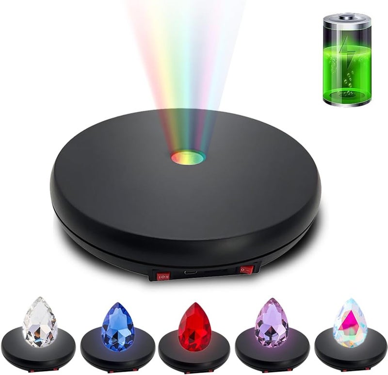 JAYEGT Motorized Rotating Display Stand with LED Light , 10 inch /55lbs Load, 360 Degree Electronic Photography Turntable for Product Show, Jewelry, Crystal Art (Black / 5 Colors LED Light /Rechargeable) - Image 1